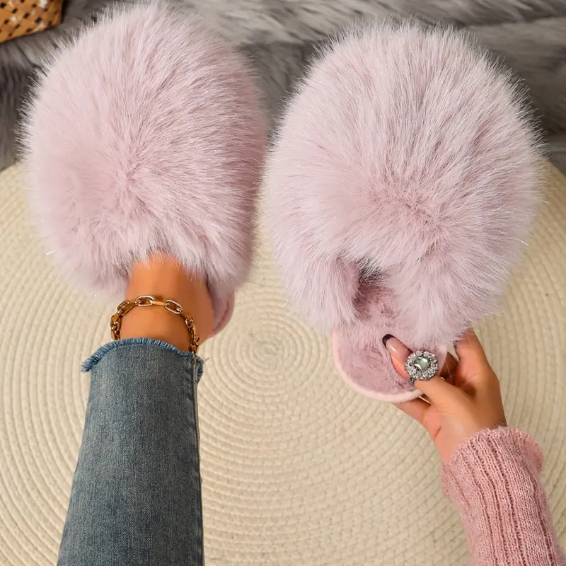 New Trendy Plush Fur Slippers, Super Cute Fashion Warm Home Shoes, Anti-Slip Thick Sole Cat-Feeling Cotton Slippers, Girls' Gift