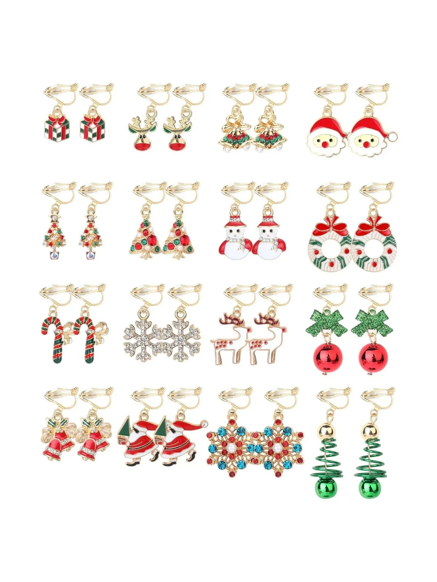 16 Pairs Christmas Clip on Earrings for Women Xmas Tree Bell Santa Snowman Elk Snowflake Non Pierced Clip Earrings Dangle Drop Earring Set Cute Festive Jewelry Gifts Trendy Fashionable Accessories