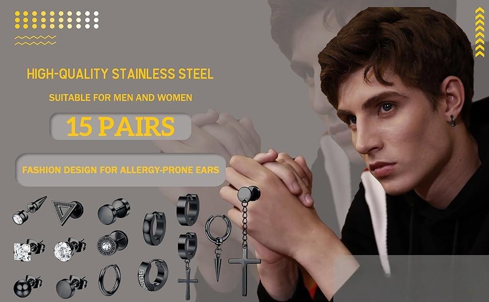 15Pairs Mens Earrings - Stainless Steel Silver Black Stud, Zirconia Hoop & Dangle Earrings Set - Hypoallergenic for Men & Women