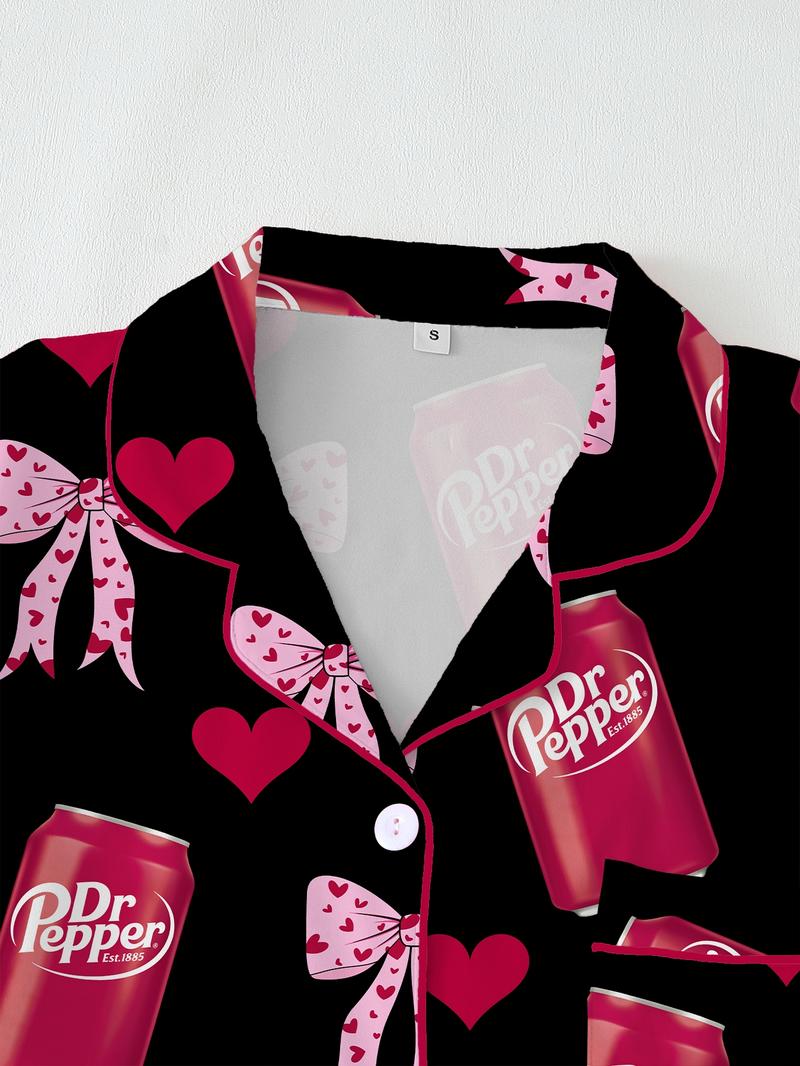 Women's Comfortable Cute Elastic Sleepwear Set, Spring Bow Tie Shirt and Pants Two-Piece, Short Sleeve Shorts, Party Wear