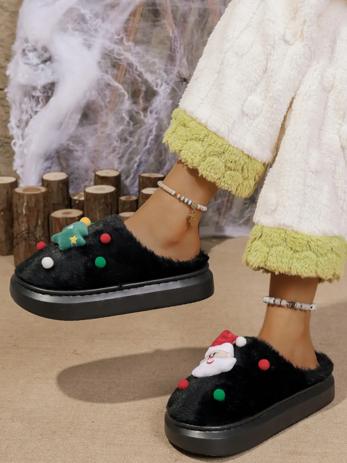 Women's Christmas Artificial Fur Slip-On Shoes, 3D Santa Claus Tree Decoration, Thick Sole Winter Home Slippers, Cozy Holiday Footwear