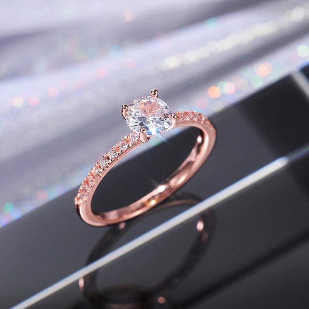 Huitan Women's Luxury Brass Base Thin Band Engagement Ring - Round Brilliant Zirconia, Luxury Look Costume Jewelry, Size-Adjustable, Sweat-Resistant, Drop Ship