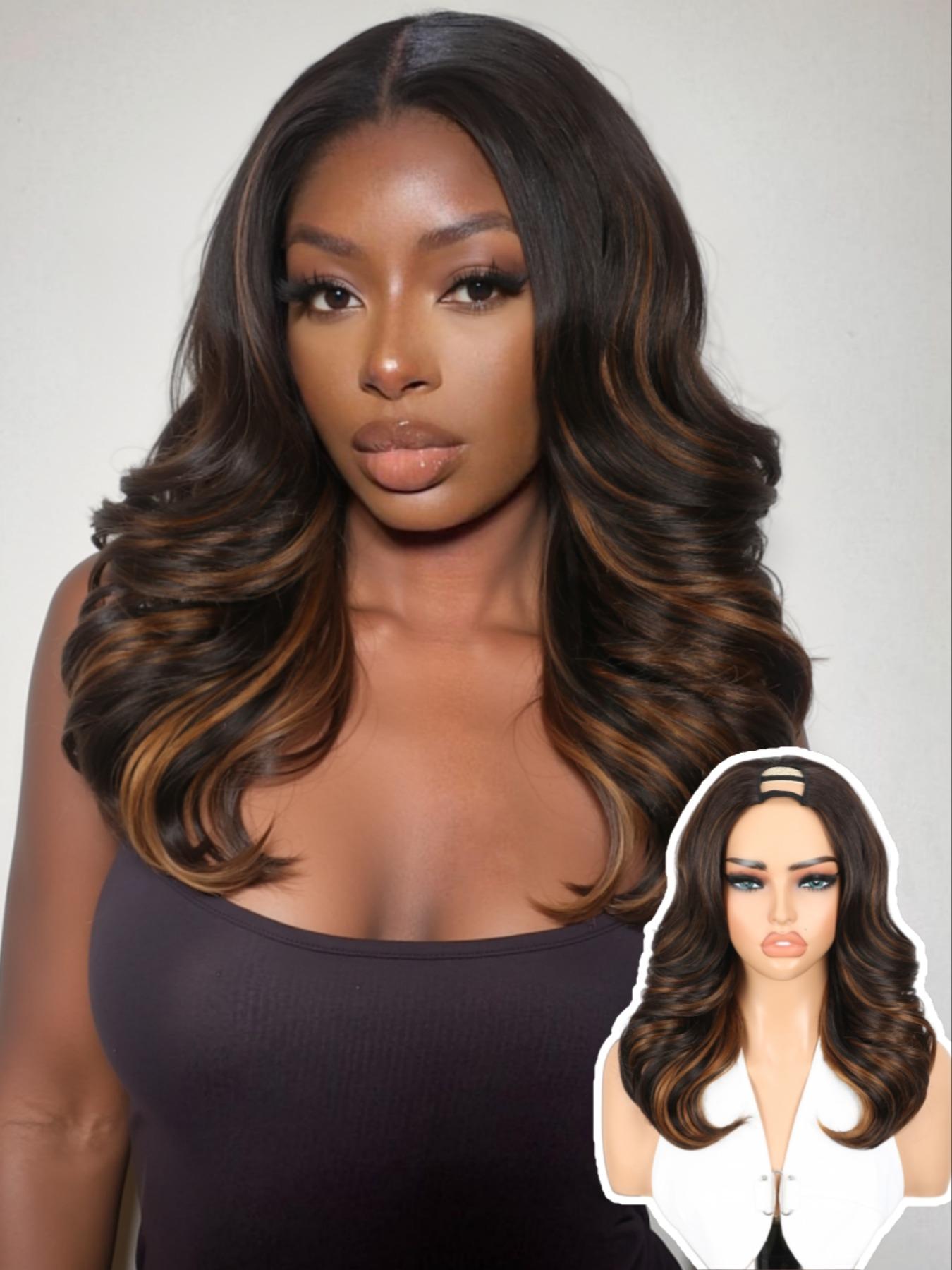 Women U Part Wig V Part Yaki Layered Curly Wigs, 16 Inch Clip-In Synthetic Wig, Heat-Resistant No-Sew-In Design, Natural-Looking