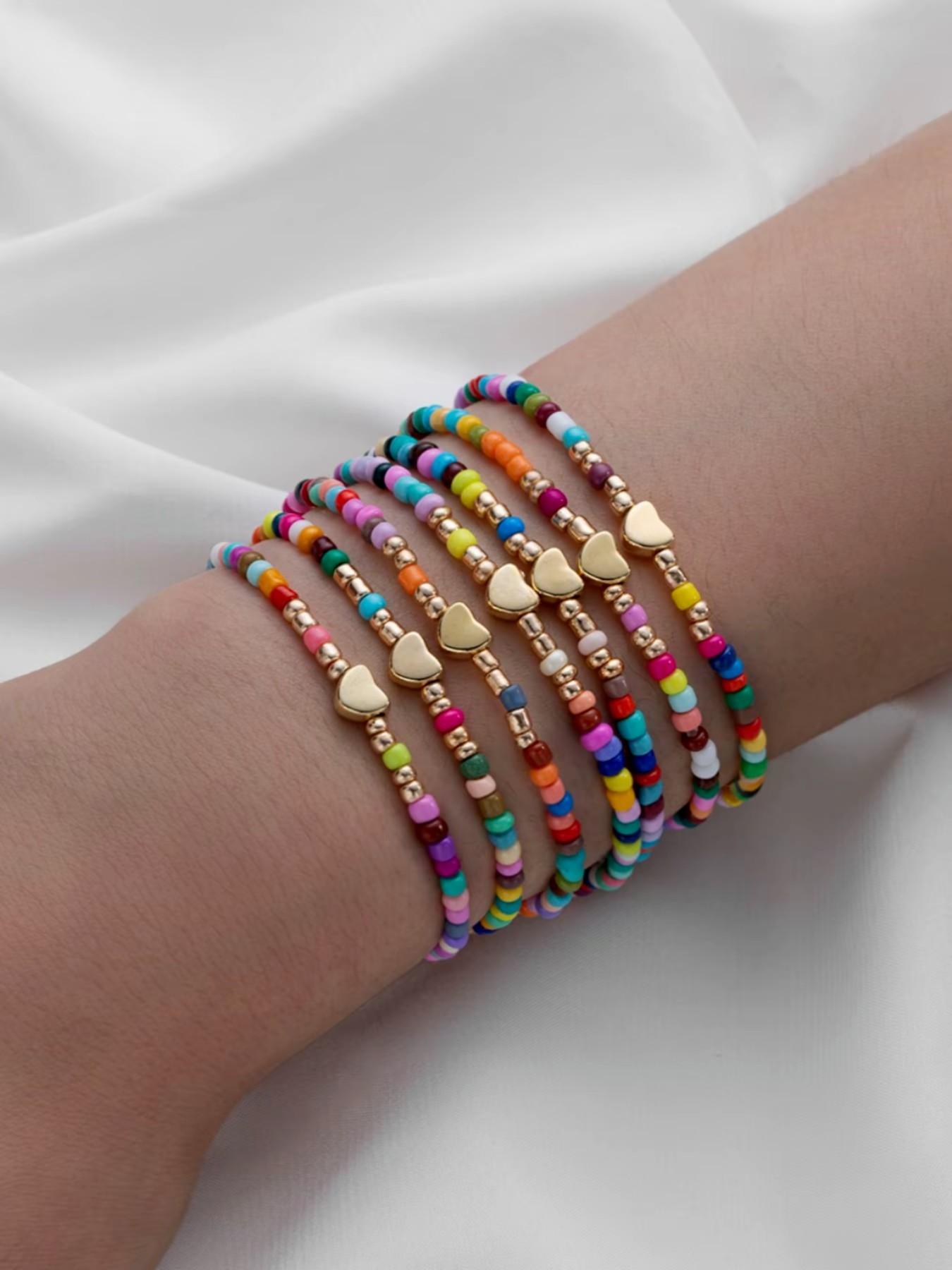 Colorful Rainbow Beaded Bracelet Set with Gold Heart Charm | Y2K Aesthetic Stackable Bracelets for Women | Summer Beach Friendship Jewelry Gift