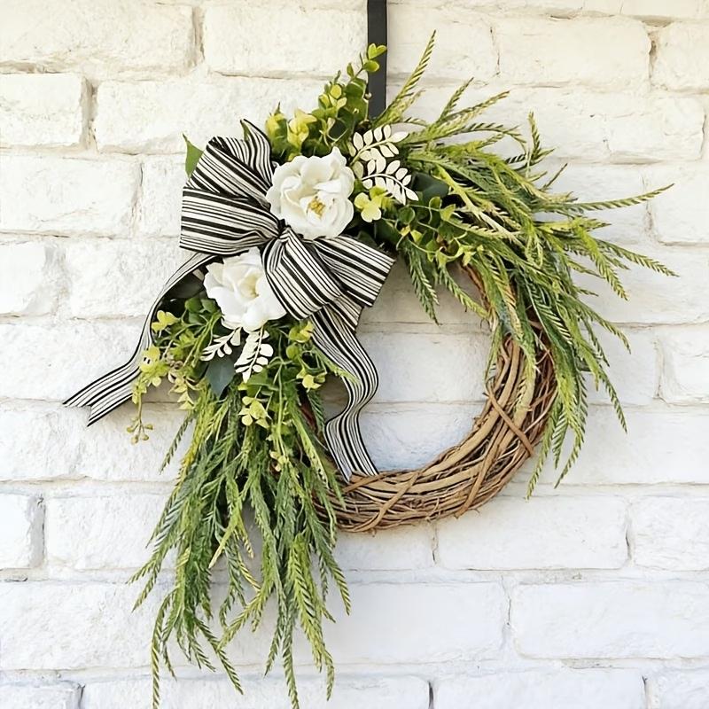 16-Inch Artificial Camellia Grapevine Wreath, Realistic Greenery Front Door Wreath with Striped Bow, Perfect for All-Season Farmhouse Decor