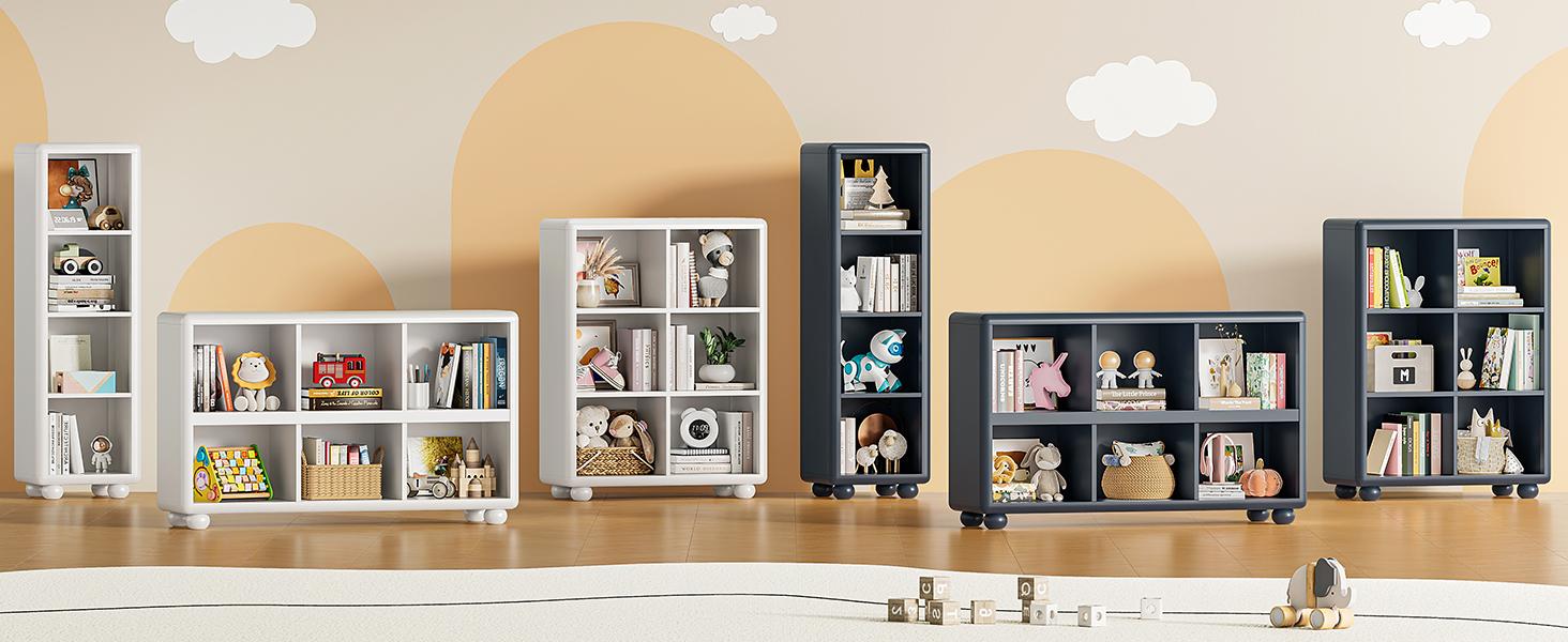 ONBRILL Wooden Bookcase with 6 Cube Storage, Kids Bookshelf with Sphere Foot, Sturdy Toy Storage Organizer, Safe Rounded Corners Bookcase for Living Room, Playroom, Nursery【BlackFridayDeal】