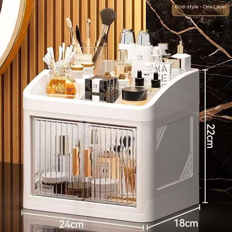 Transparent Foldable Cosmetic Storage Box, Multi-Layer Dual Door Desktop Dustproof Skincare Organizer, Desk Makeup Container, Makeup Tool Organizer, Beauty Organizer, Organizing Tool, Storage Organizer, Dustproof Makeup Organiser