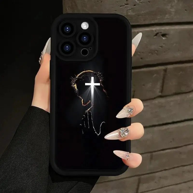 Religious Cross & Silhouette Black Sky Print Lightweight Protective Smartphone Case for iPhone 11 12 13 14 15 16 17 18  Pro Max Air Plus, Shock-Absorbent TPU Handheld Casing with Polycarbonate Shell, Raised Bezels, Precise Cutouts, Cellphone Accessory