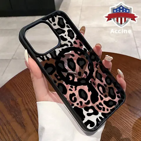 MagSafe Magnetic Durable Protective Smartphone Case Cover, Transparent Acrylic Back Cellphone Casing for iPhone 18/17/16 E Pro Max/15 Plus/14/13/12/11 Air, Drop Protection, Pocket-Friendly Black-White Leopard Lure Handheld Accessory Gift for Girls