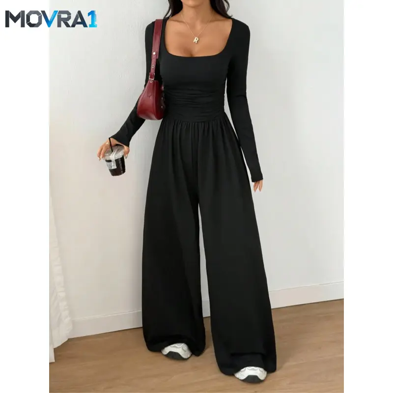 MOVRA1 Women's Fall Winter Knit Fitted Wide Leg Jumpsuit Overalls, Casual Comfy Jumpsuit, Casual Fashion Plain Round Neck One-Piece, Versatile Long Sleeve Romper, Casual Jumpsuits, Lady Womenswear Clothes