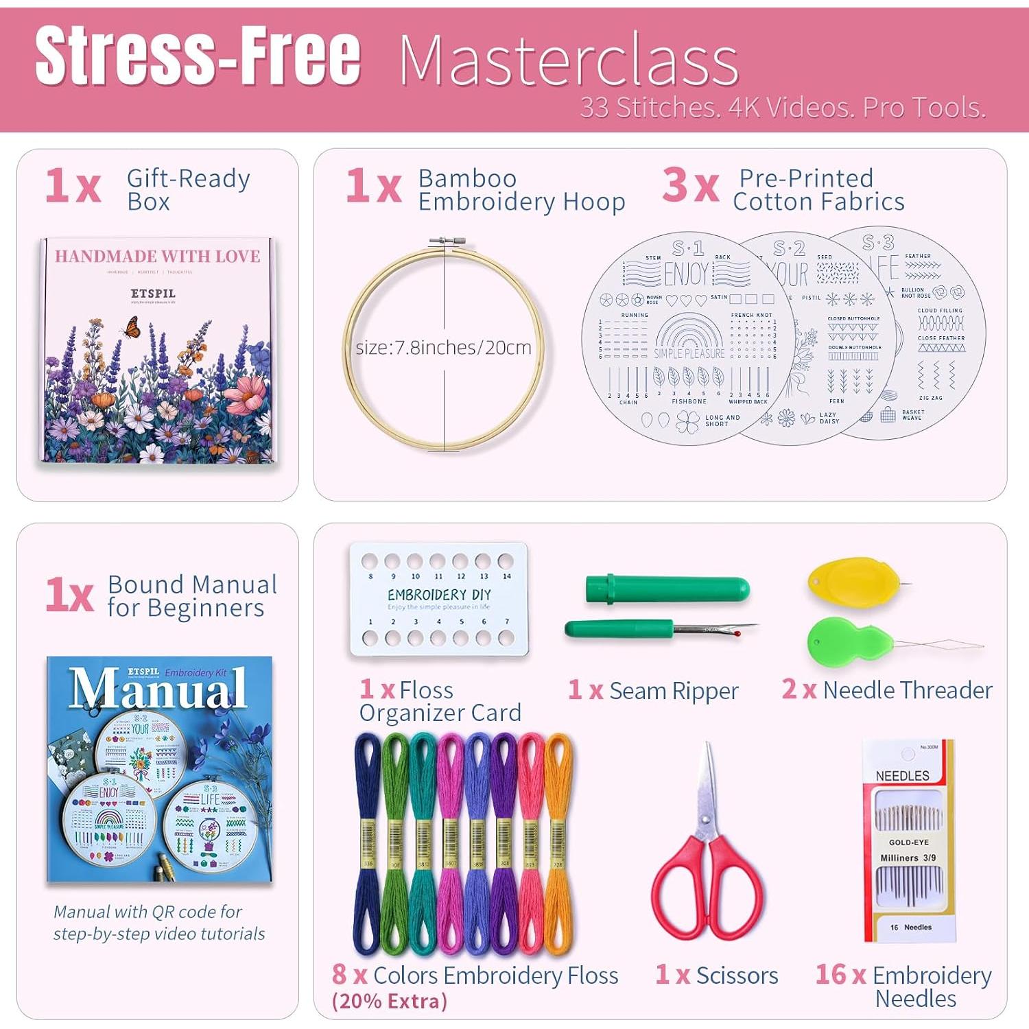 Embroidery Starter Kit for Adults, 3 Simple Patterns to Master 33 Stitches, Easy Step-by-Step 4K  Video Tutorials & Bound Guide, DIY Craft  for Teens