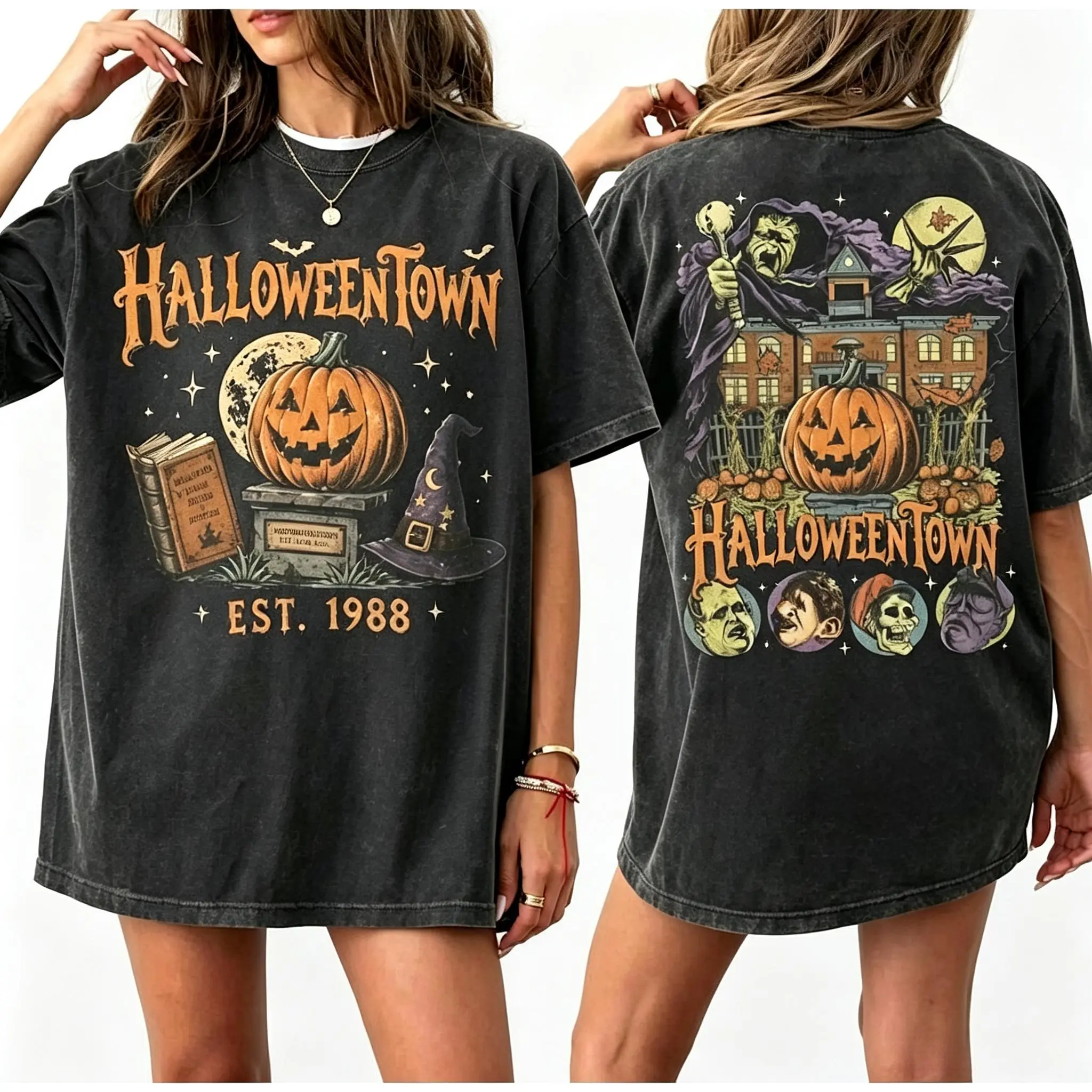 Vintage  Pumpkin Witch Spooky Halloween Double-sided Washed T-shirt, Retro Halloween Tee, Spooky Season T-shirt, 90s Halloween Shirt