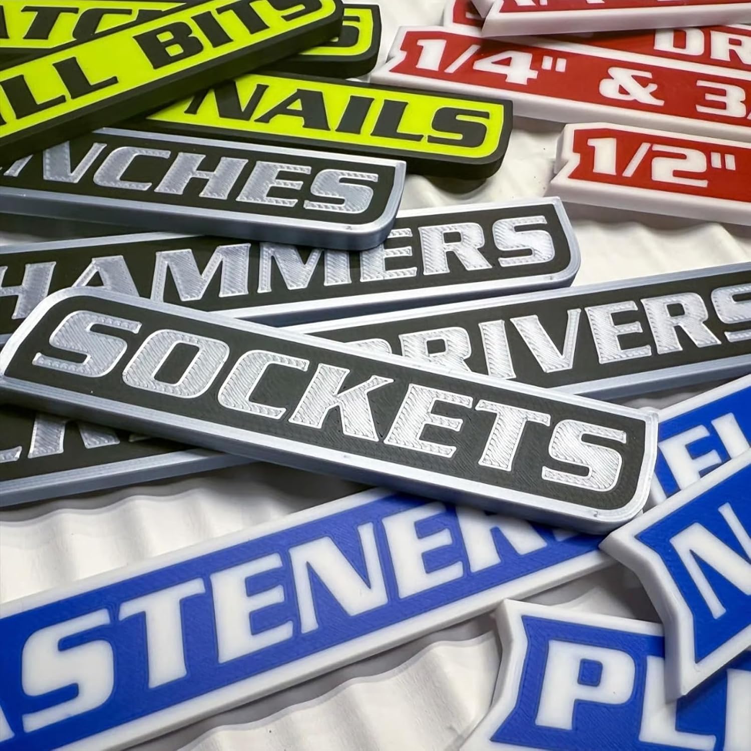 12 Pack of Magnetic Toolbox Labels, 3D-Printed Tool Box Labels, General Tool Box Organize Accessories, Reusable Tags for Steel Toolboxes, Carts, Drawers, and Cabinets, Strong Magnets