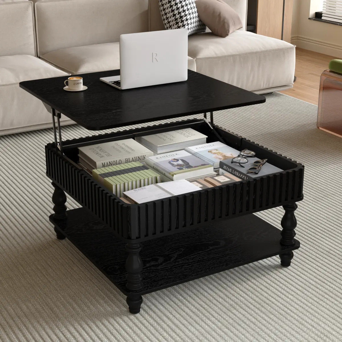 31.5" Square Lift-Top Coffee Table, Modern Tea Table with Storage,Fluted Center Tables for Living Room, Apartment or Office, Black