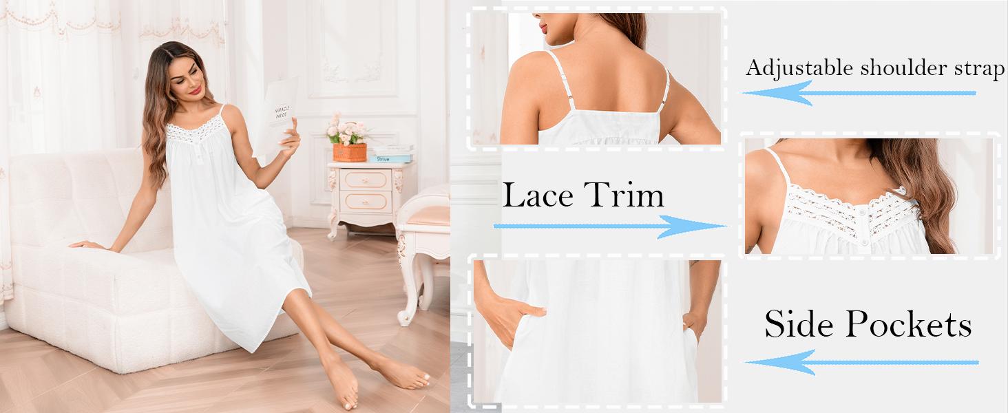 SWOMOG Women's Nightgown Sleeveless Lace Nightdress Adjustable Strap Sleepshirt V Neck Print Nightwear with Pocket S-3XL Loungewear Womenswear Bag Elegant Pajama Casual Party Style Rayon