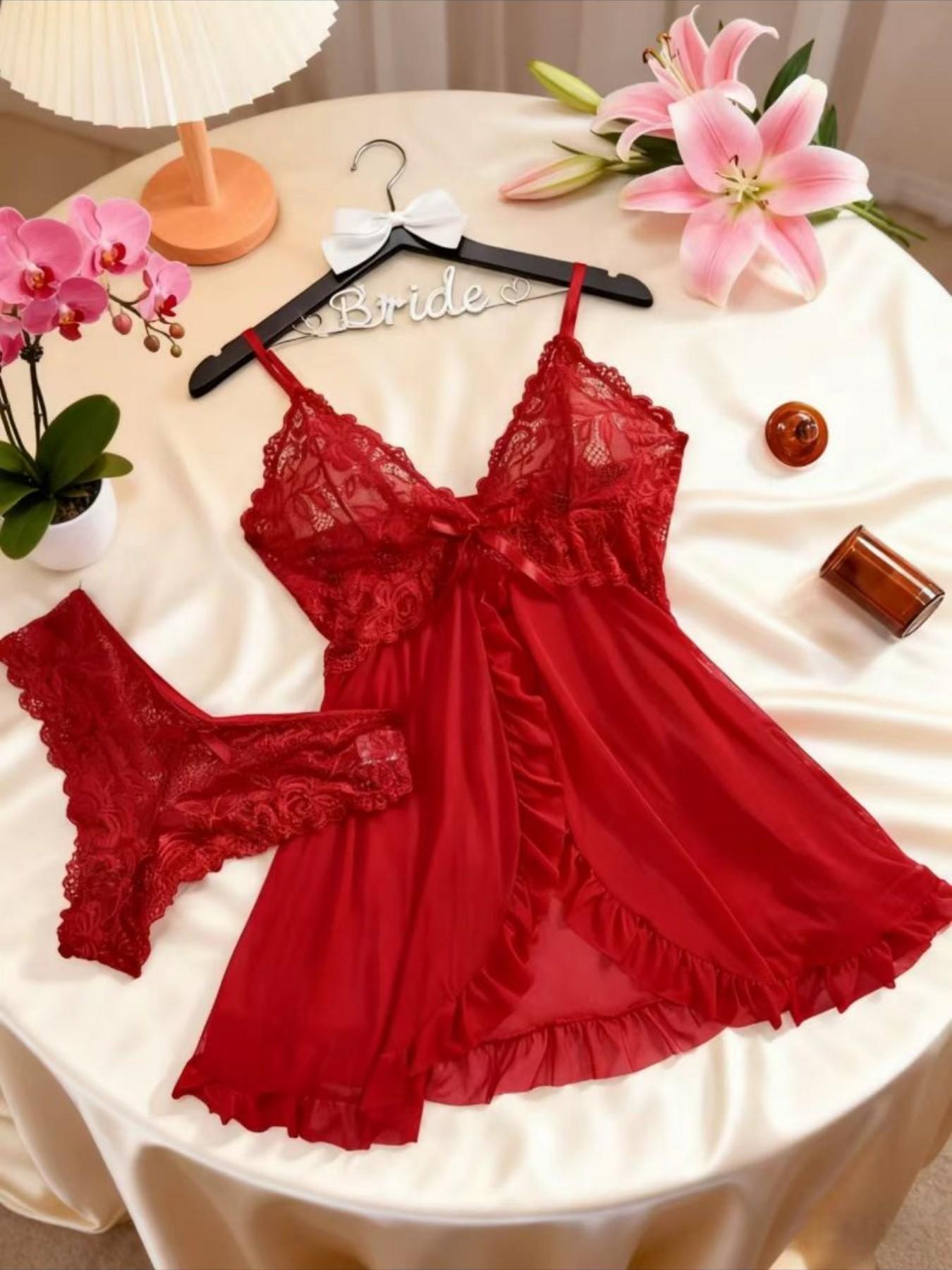 1 Count Ladies' Sexy Ruffle Trim Cami Nightdress & Bow Decor Panty Sets, Comfortable Playful Floral LaceSee Through Sleepwear Set, Sexy Slim-fit Spaghetti Strap Dress& Thong Set, Comfy Pj Set, Suitable For Holiday&Valentine's Day