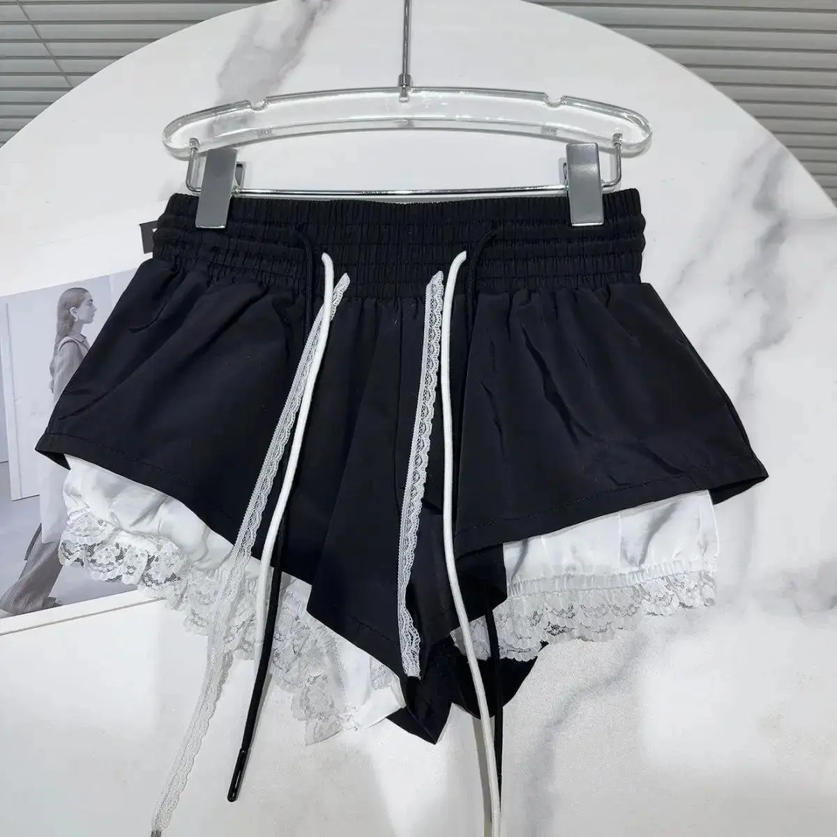2026 New Korean Shorts Women High Waist Casual Short Patchwork Lace Wide Leg Shorts Bandage Chic Summer Solid Pantalones Cortos