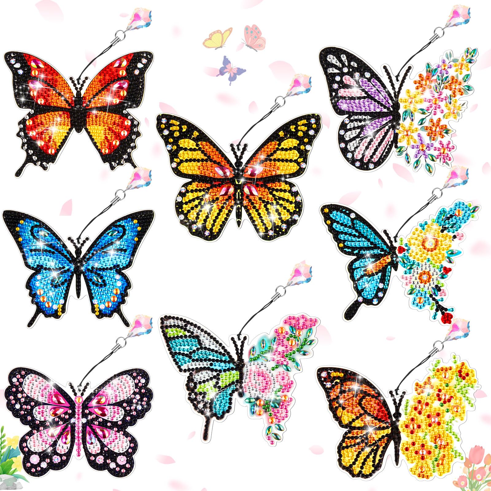 8-piece 5D diamond art bookmark kit, Sparkling Finish, DIY butterfly pattern diamond painting bookmarks, includes tool kit and free pendant, handmade bookmark making kit, suitable for reading enthusiasts