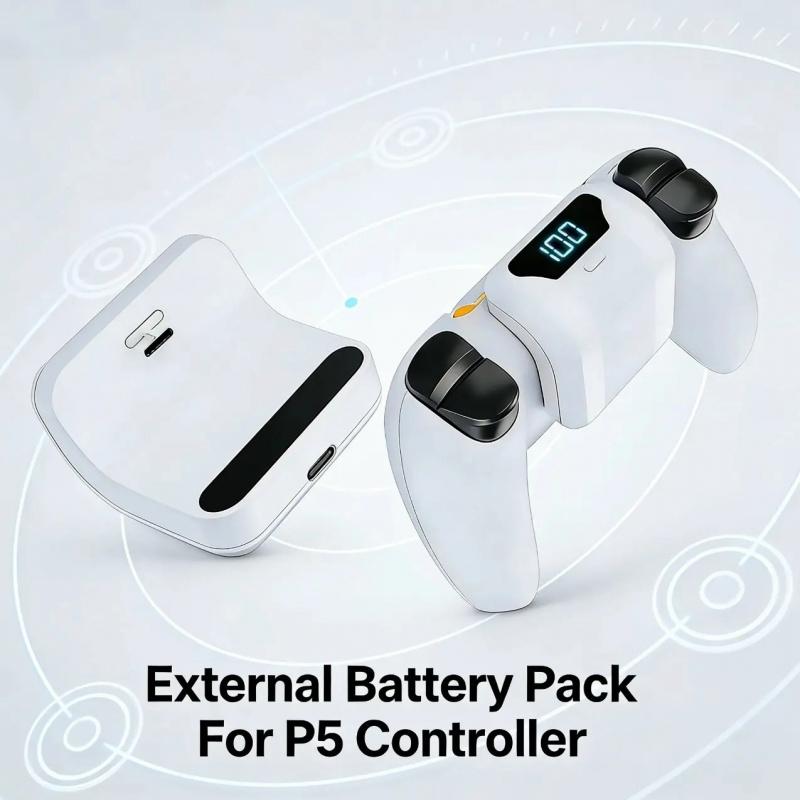 Portable LED display with rechargeable back-clip battery, a console accessory compatible with the PS5 controller. Features an 1800mAh polymer battery and provides 6-8 hours of gaming time the perfect PS5 gift.