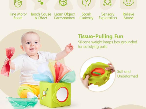 hahaland Baby Tissue Box Toy - Silicone Baby Toys 6-12 Months Montessori Toy for 6 Month Old - 6-in-1 Soft Busy Activity Cube with Scarves, Crinkle, Textures, Mirror, Sensory Popper - Gifts for Babies