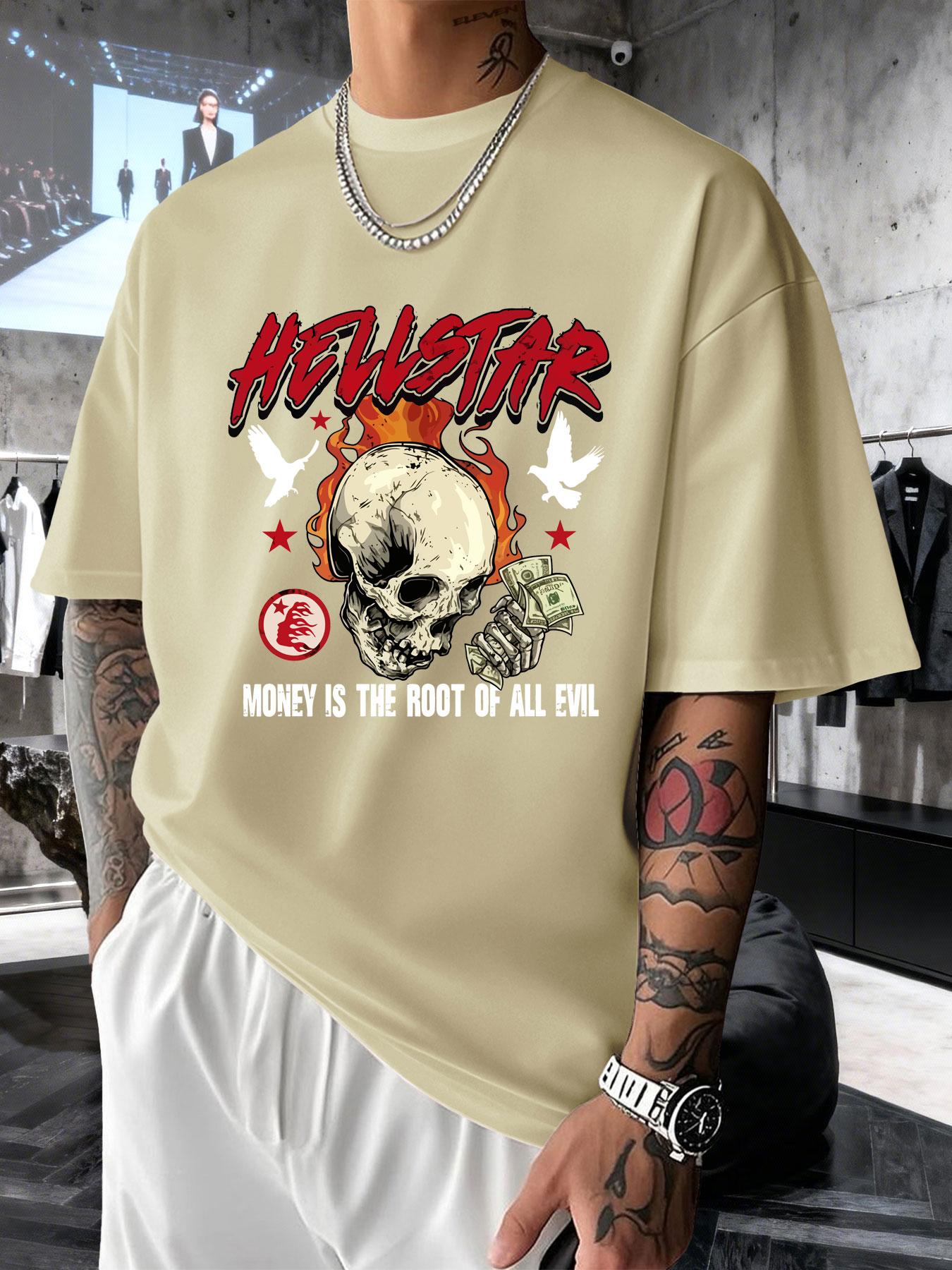 Men's Short Sleeve T-Shirt Summer Hellstar Flame Skull Dollar Print, American High Street Dark Fashion, Loose Fit Drop Shoulder Top