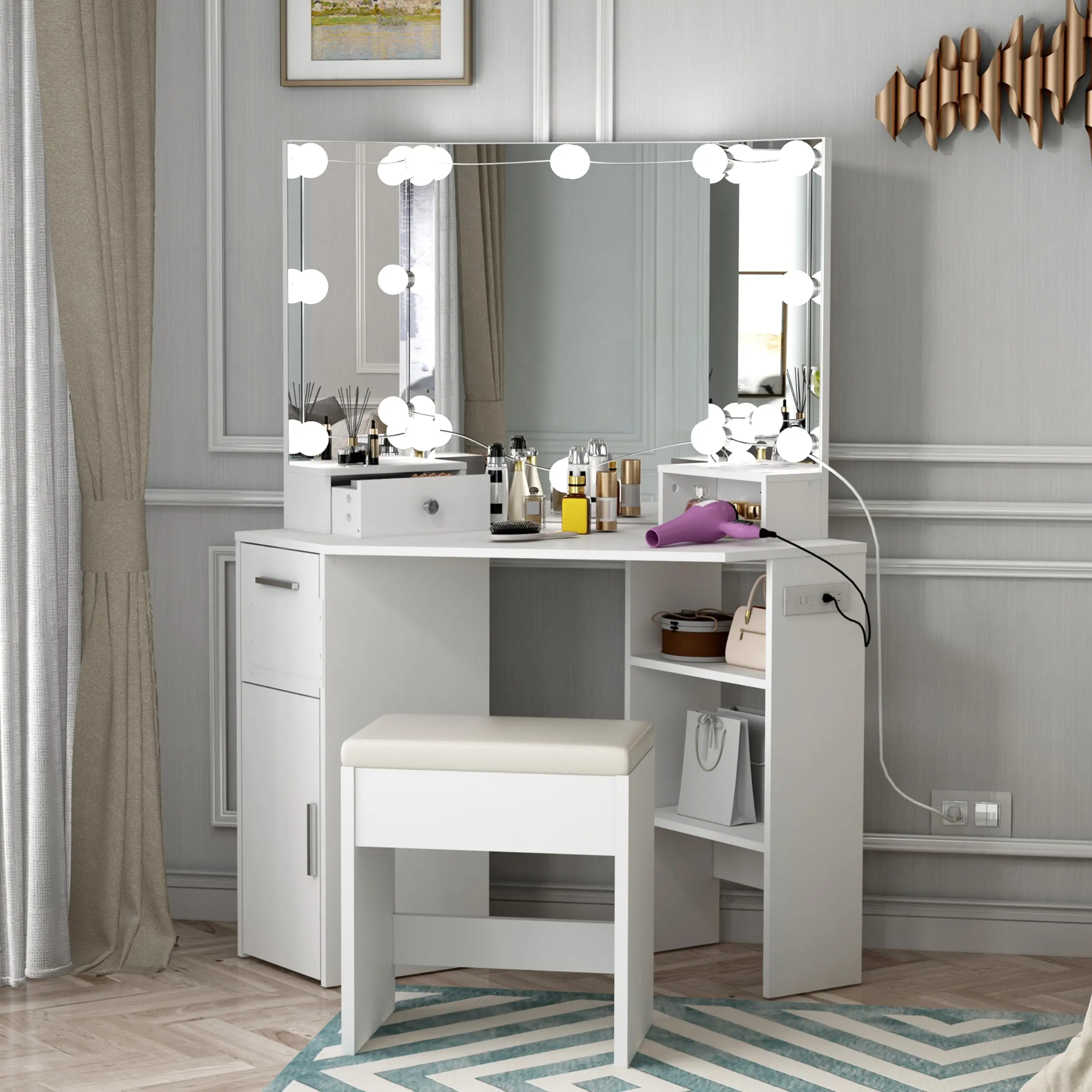Garvee Corner Makeup Vanity Table - Adjustable LED Light Makeup Vanity with 3-Color Lights, Space Saver Corner Setup, Included Stool, Power Outlet & Drawer for Small Bedrooms, Adjustable Led Light Makeup Vanities, Space Saver Makeup Vanities