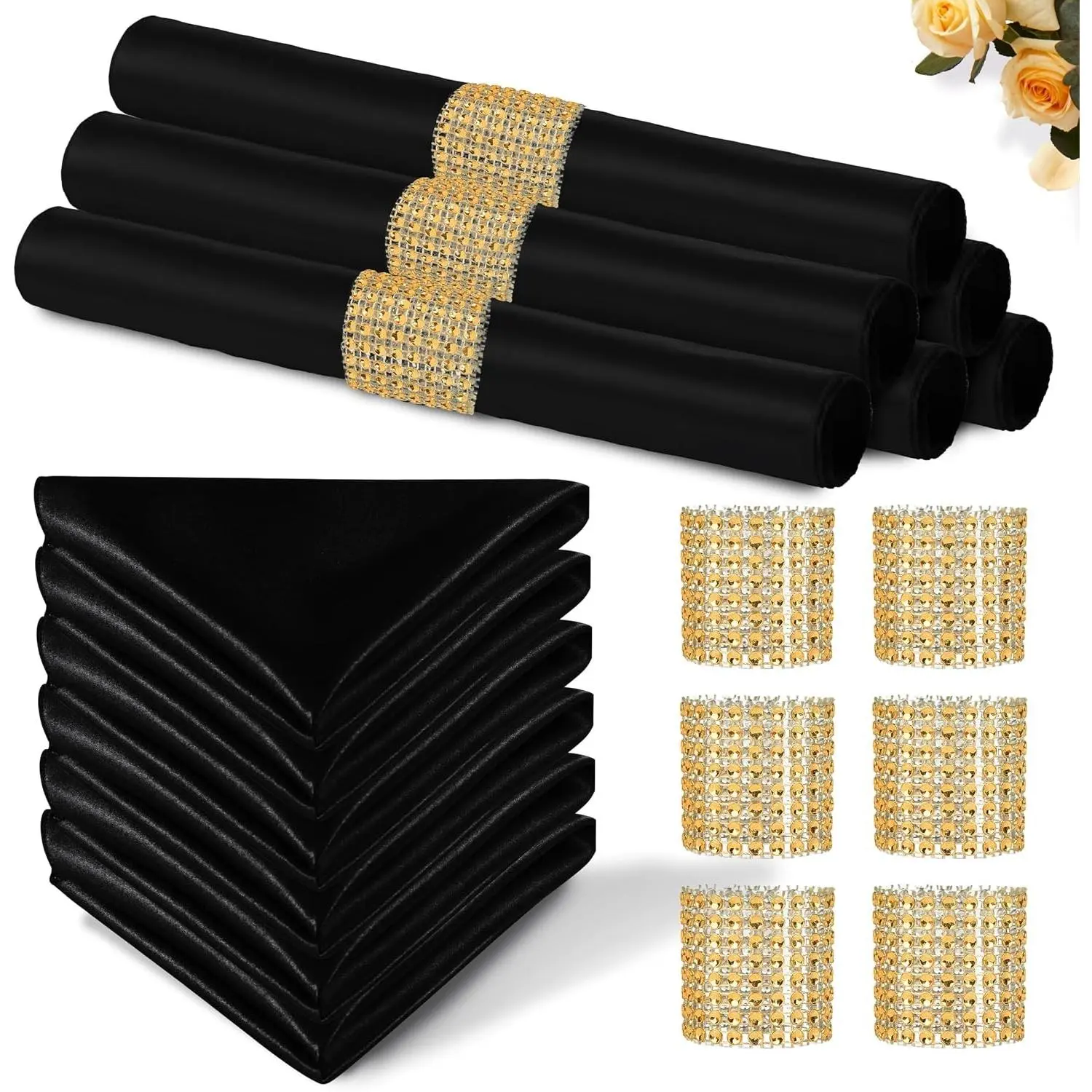 Black Satin Napkins and Napkin Rings Set, 100 Pack, 12 x 12 Inch | Set of 50 Napkins, Silky Soft Cloth, Square Satin Dinner Table Napkins Bulk, For Wedding Banquet Graduation Party Decoration