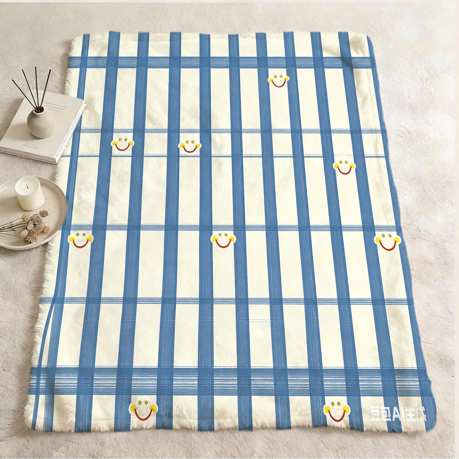 Smiley Grid Pattern Plush Blanket, Soft Warm Lightweight, Ideal for Bed Sofa Car Room Decor, Perfect Moving Holiday Gift