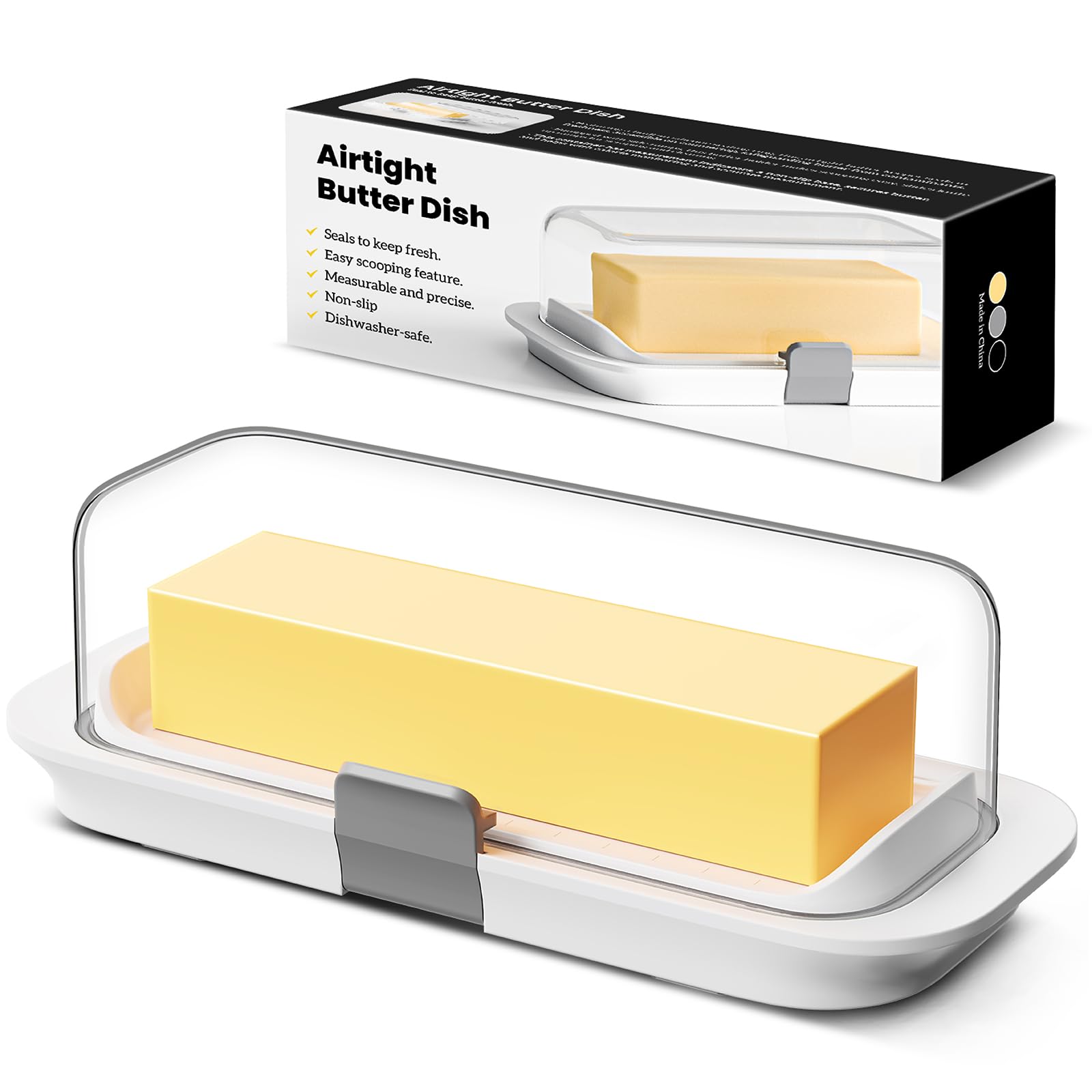 Butter Dish with Lid for Countertop and Refrigerator Door Shelf, Airtight Keeper Container, BPA-free, Microwave/Dishwasher Safe