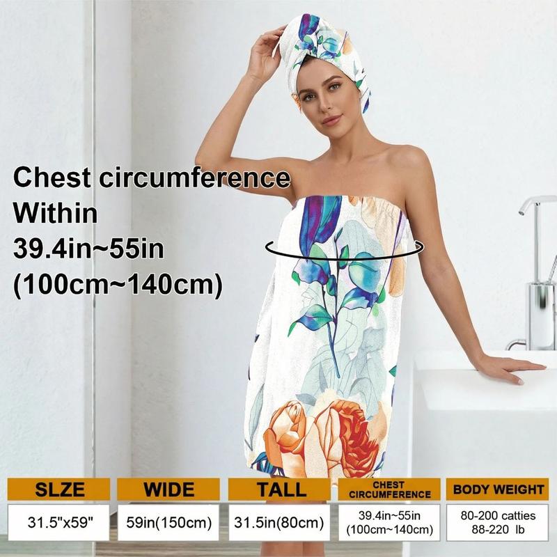 2pc Floral Pattern Women's Post-Bath Towel Dress and Head Wrap Set Sleeveless Towel Dress for Spa Gym Pool Relaxation Beach Vacation ShowerMicrofiber Bath Towel Body Wrap Set Gym Spa Robe Dry Hair Cap Beach Pool Shower Dress Towel Cover up