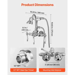 VEVOR Clawfoot Tub Faucet, Wall-Mounted Bathtub Faucets with Handheld Shower, Polished Chrome Clawfoot Tub Filler Faucet Shower Kit with 59 Long Hose Gooseneck Spout, Modern Vintage for Bathtubs