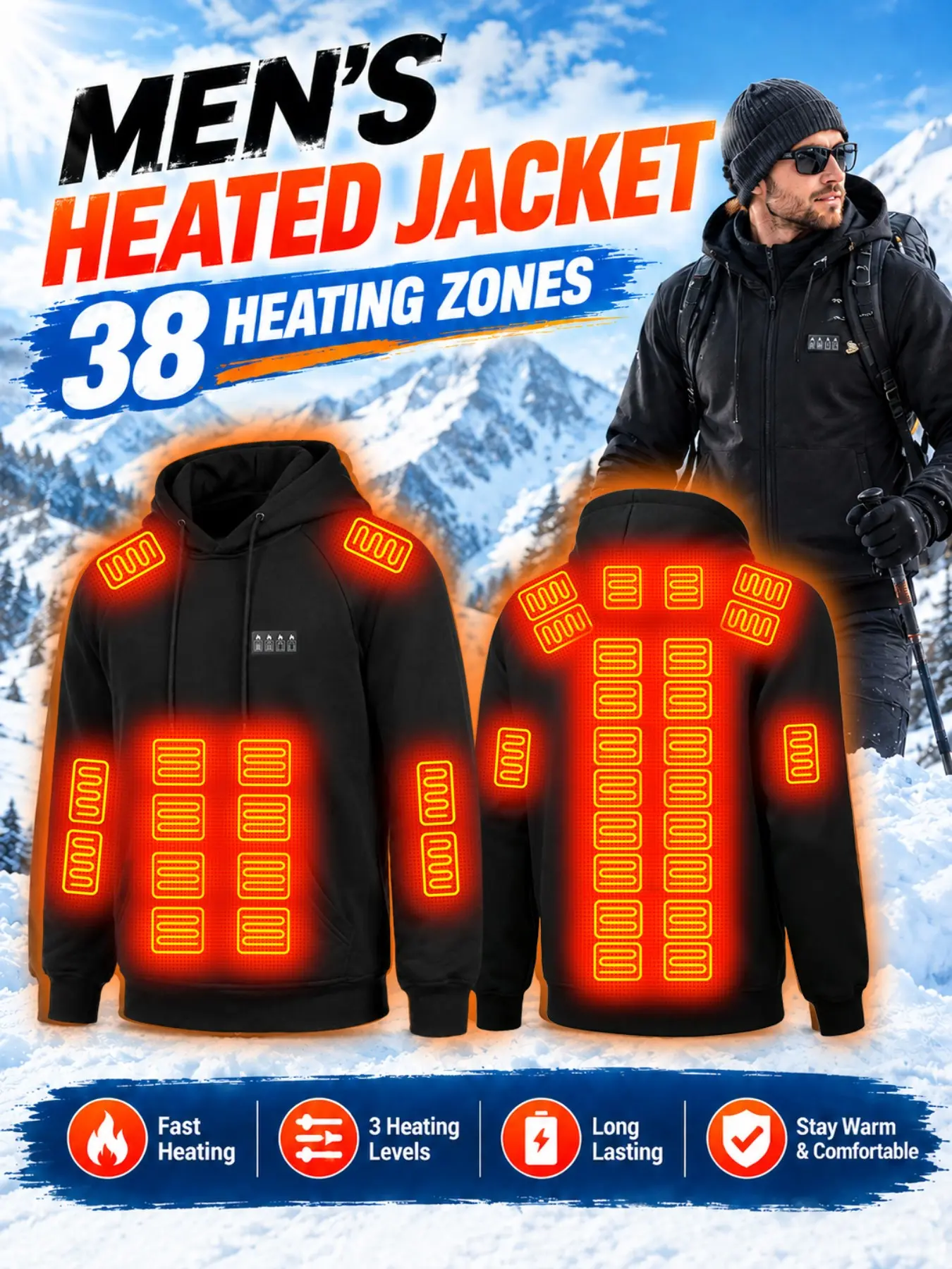 Men's Smart Heating Hooded Jacket, 38 Heating Zones, 3 Temperature Settings, Long Sleeve Winter Coat, Thermal Jacket, Hiking, Camping, Running