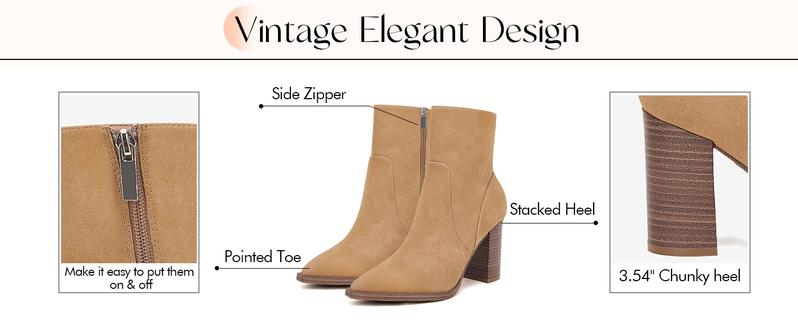 Coutgo Women's Pointed Toe Ankle Boots Chunky Stacked Heel Side Zipper Faux Leather Ankle Booties