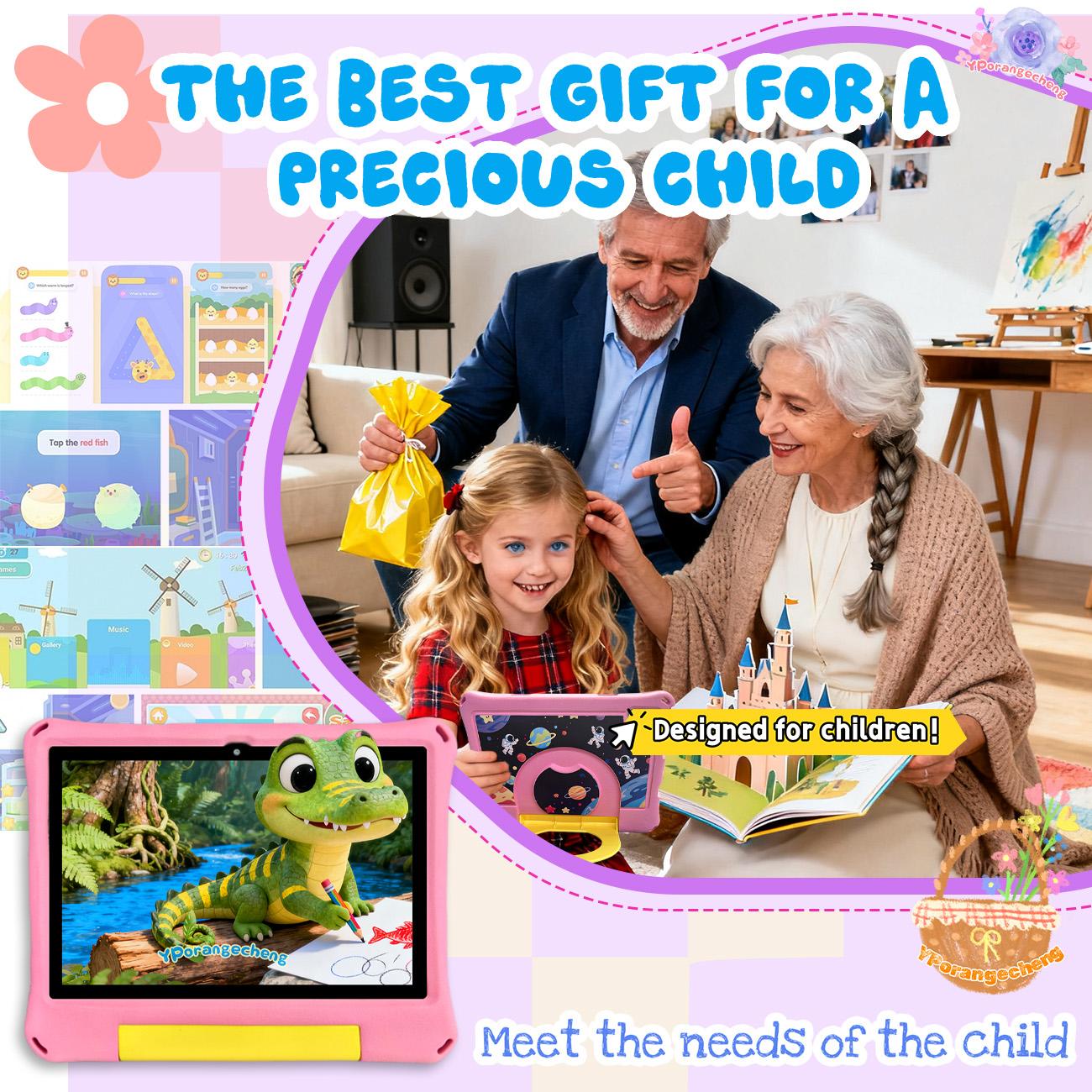 10.1-inch Touchscreen Android tablet, equipped with IWAWA education software, multiple smart applications, for home use, detachable case, portable and drop resistant, Christmas and Halloween gift, accompanying growth, no adapter, blue/pink/green