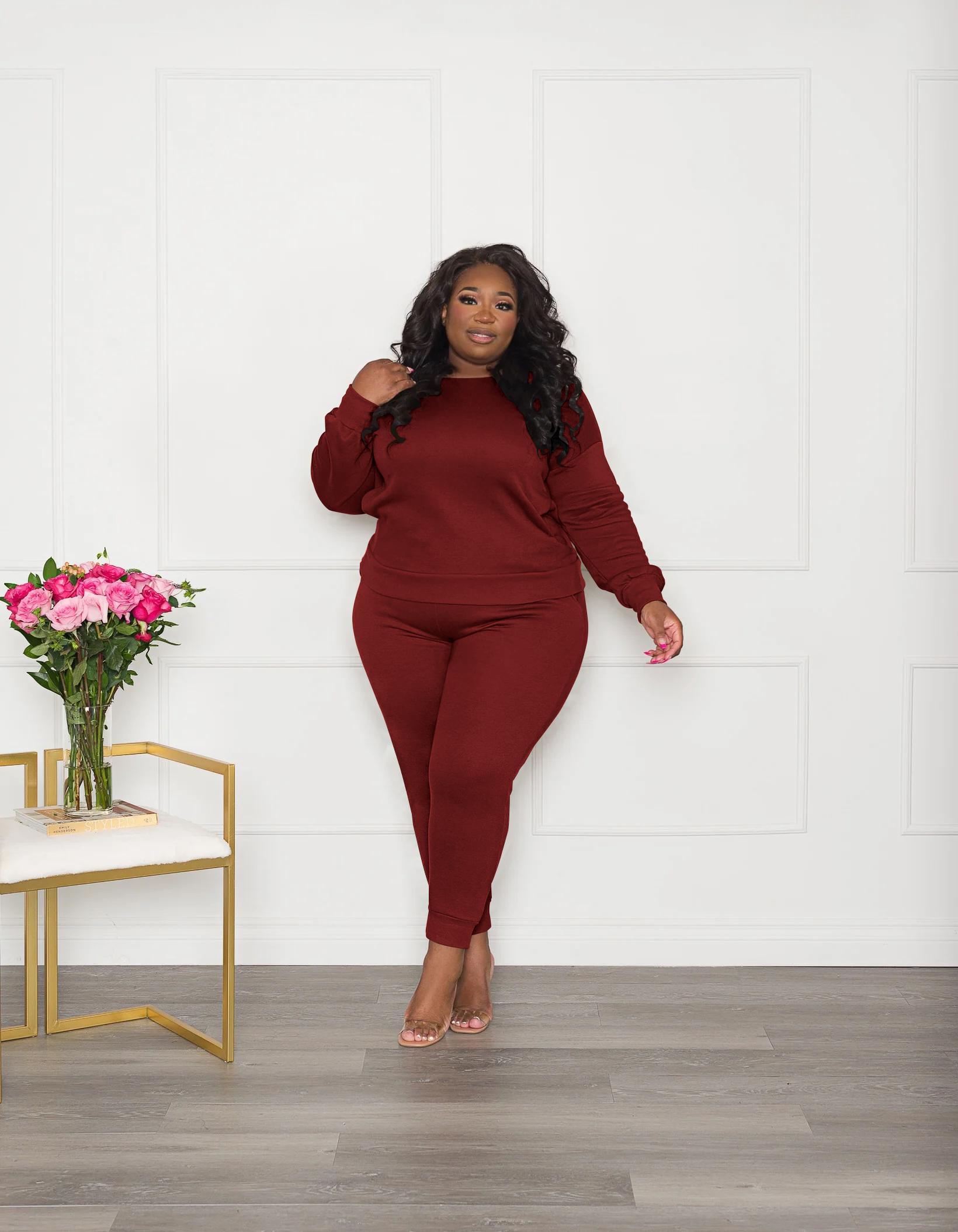 Plus Size Two Piece Outfits For Women Casual Round Neck Jogging Sets Long Sleeve Tracksuit With Pockets(2 sets for fs) Jogger Shorts Clothing vacation sets