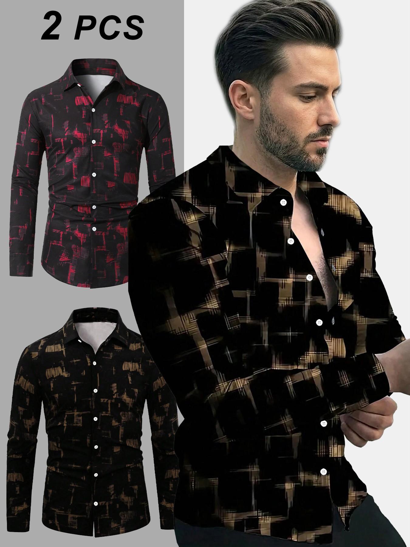 Men's All Over Print Button Front Shirt, Casual Regular Fit Long Sleeve Collared Top for Daily Wear, Fashion Men's Clothes for All Seasons