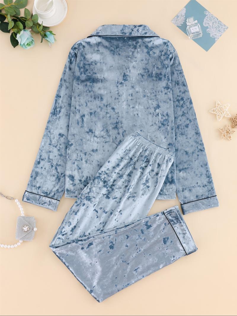 Two-Piece Set Women's Solid Button Front Lapel Shirt & Pants Velvet Pyjama, Long Sleeve Pocket Top & Trousers Set, Women's Sleepwear for Winter