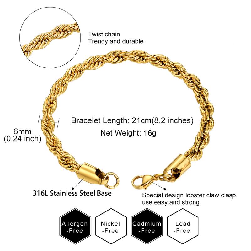 U7 Twisted Rope Chain Bracelet Cuban Chain Figaro Chain Daily Casual 3/6/9mm Bracelet for Men Women Stainless Steel Hypoallergenic Strong Link Braided Wrist Chain Bracelet