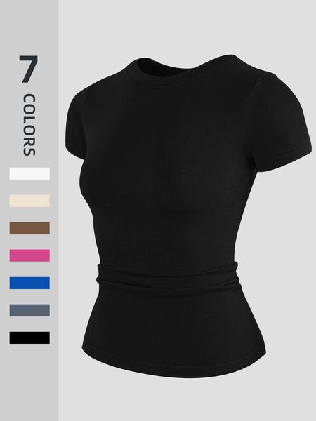 Women's Sporty Slim-Fit Yoga Short sleeve Top, Elastic Breathable Fabric, Plain Pattern XXL Size, All Season Wear, Athletic Yoga Shirts