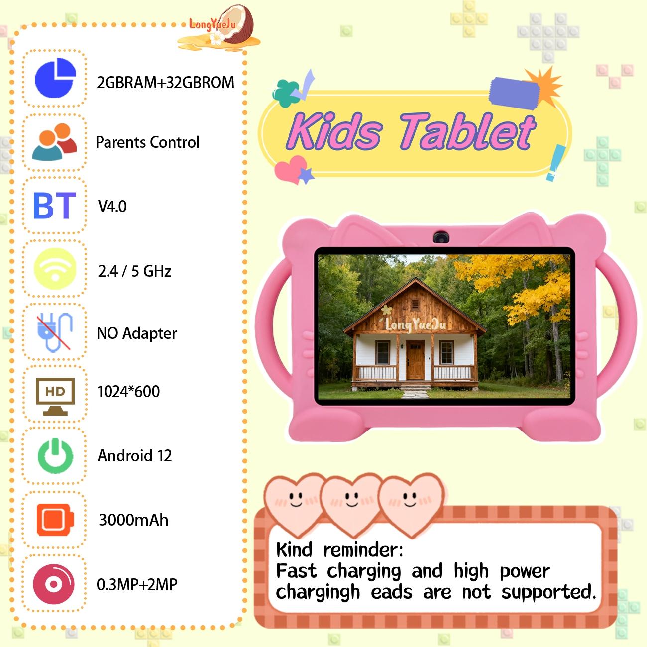 Interesting Smart Android Tablet, Android 12 for daily learning use, dual camera recording of life, parental control, anti fall and anti-collision, multiple applications, fast running, suitable for children and teenagers, no adapter, blue/pink