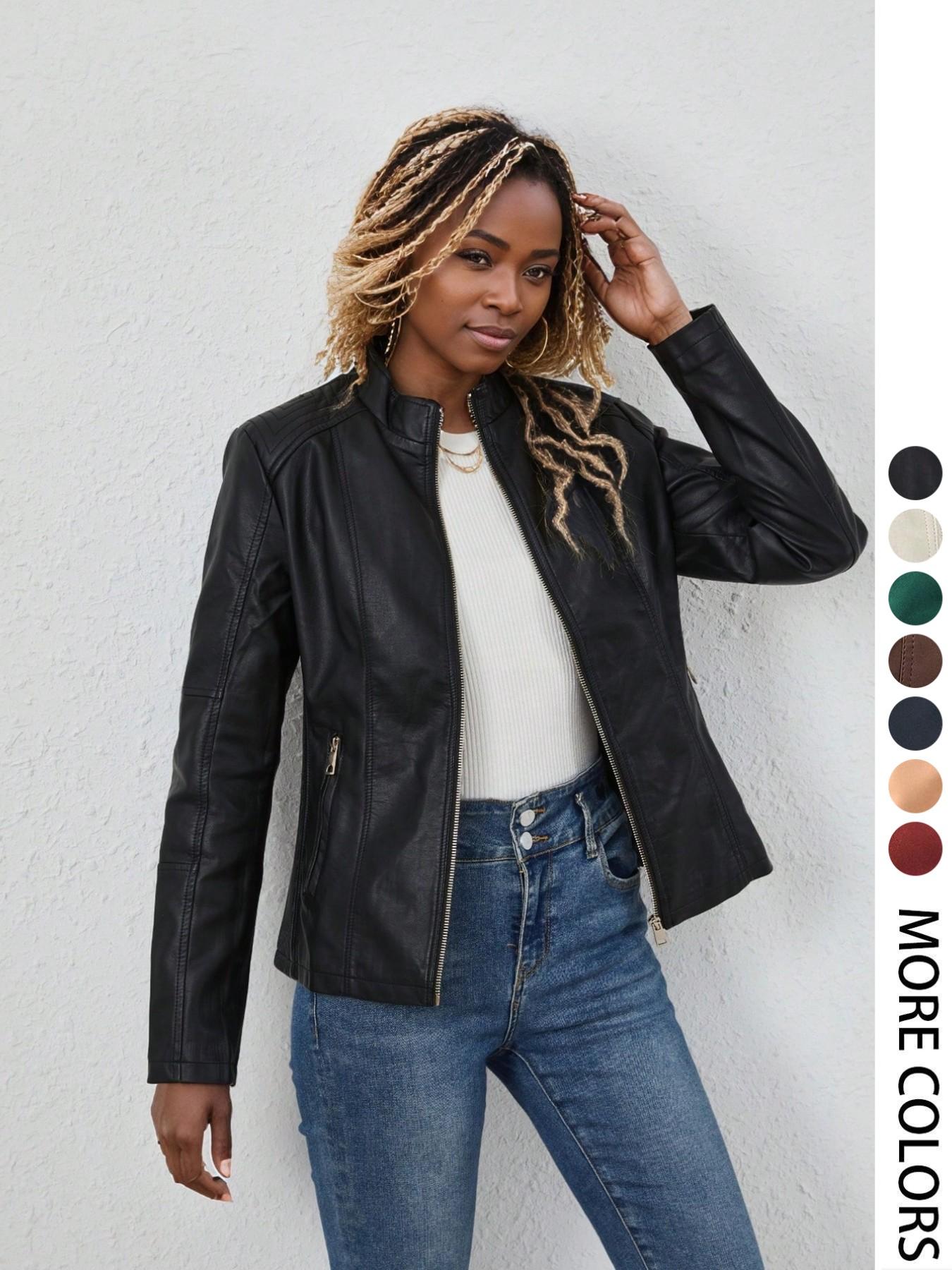 Women's Spring PU Motorcycle Jacket, Fitted Long Sleeve Zipper Pocket Commuter Streetwear, Casual Short Windproof Leather Coat