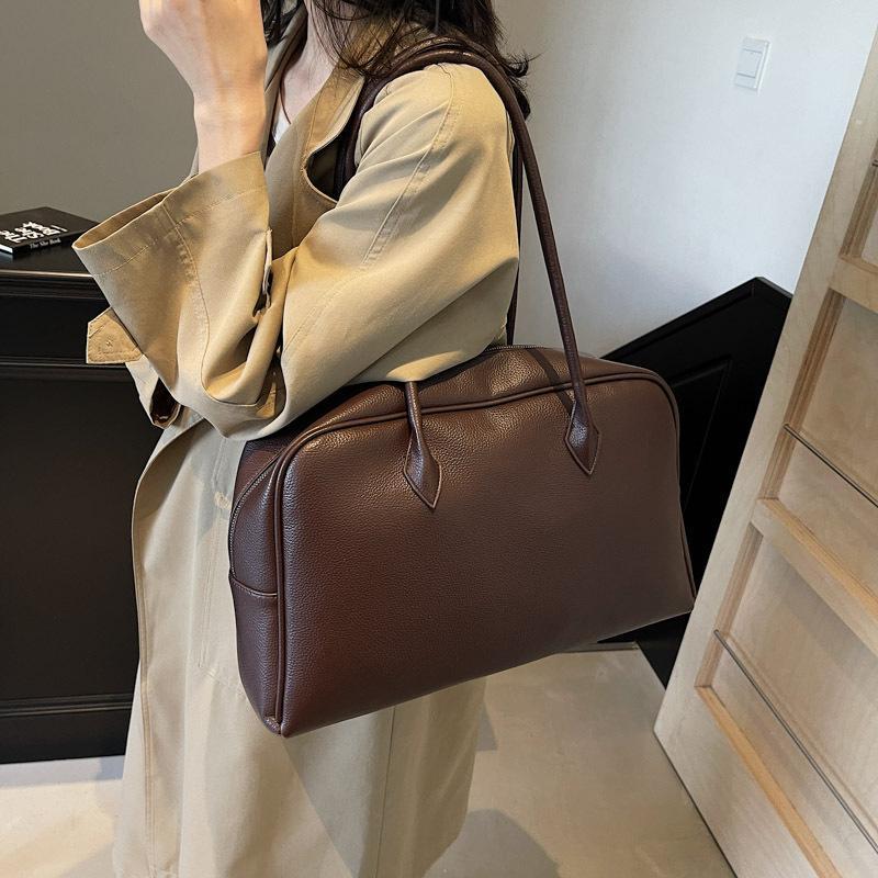 Women's Lychee Grain PU Leather/Nylon Pillow Tote Bag - Preppy Plaid/Plain, Chic Elegant Retro Large-Capacity Soft Shoulder Handbag with Adjustable Strap, Casual Wear Daily Shopping Use, Women's Gift