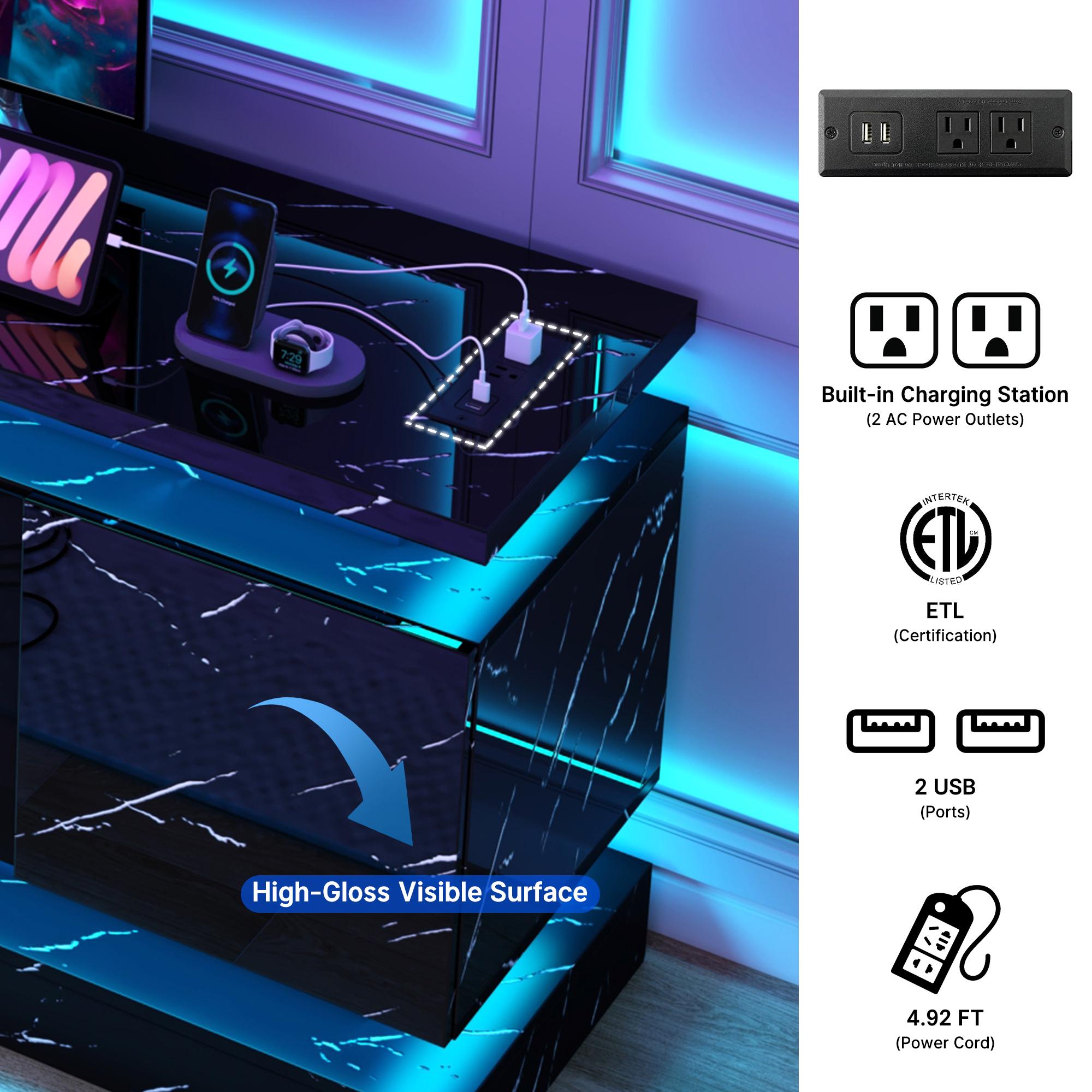 71in Fireplace TV Stands w/40 inch Fireplace Power Outlet for 85/80/75 Inch TV,High Glossy Modern TV Console Gaming Entertainment Center with 2 Storage Cabinets,Dual LED Lights,Black/White