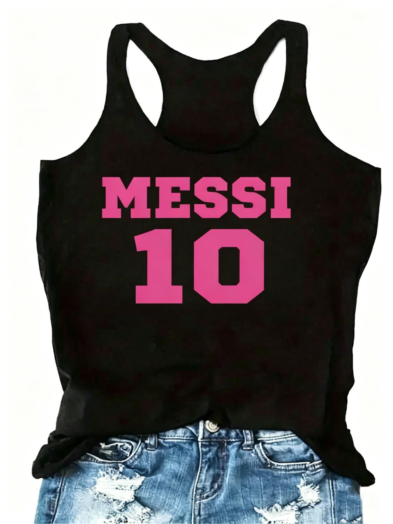 Lionel Messi 10 Graphic Tank, Football Fan Summer Racerback Top, Casual Fitted Tank Top, Letter Pattern, No Button, Non-Full Placket
