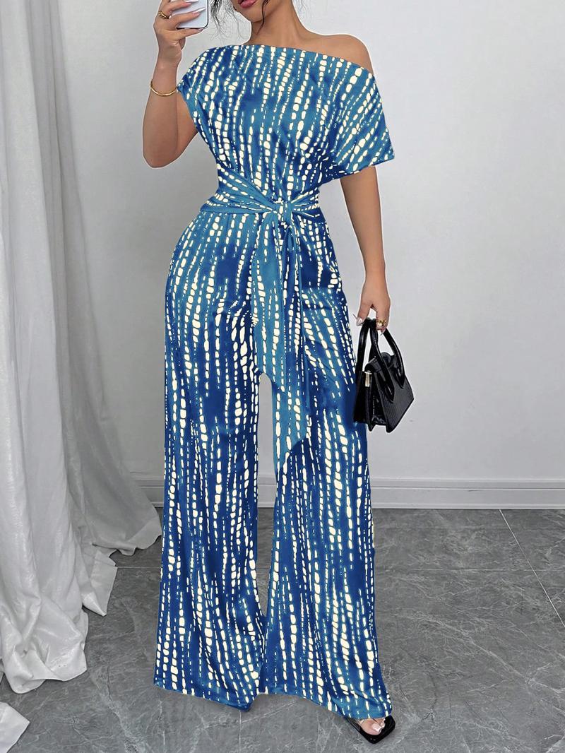 Women's All Over Print Tie Front   Jumpsuit, Casual Asymmetrical Neck   Jumpsuit for Spring & Fall, Women's Clothes for Daily Wear
