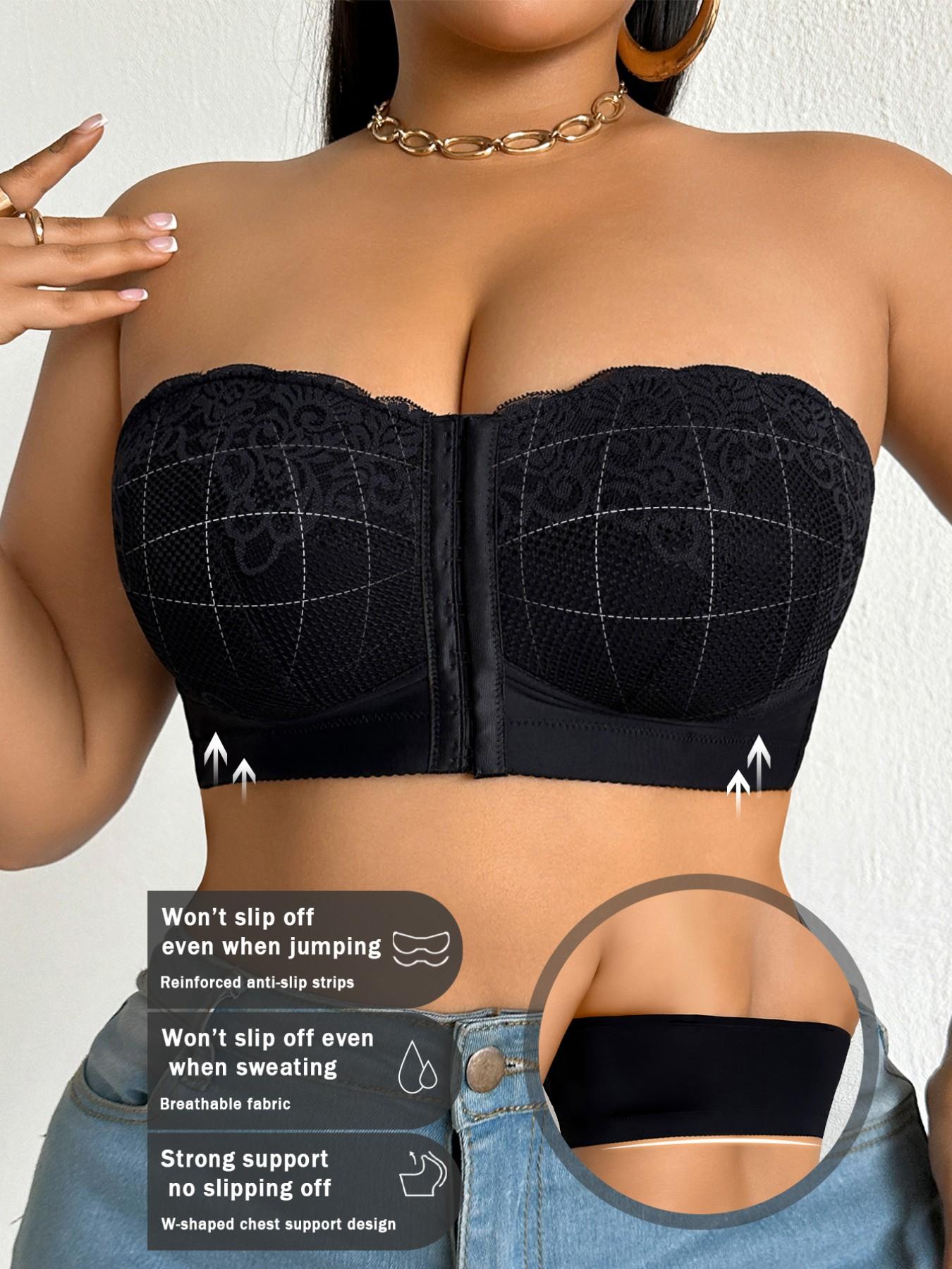 Plus-Size Women's Strapless Front-Closure Bra: Full-coverage, wire-free design offers comfort without pressure features detachable straps and is ideal for everyday wear.