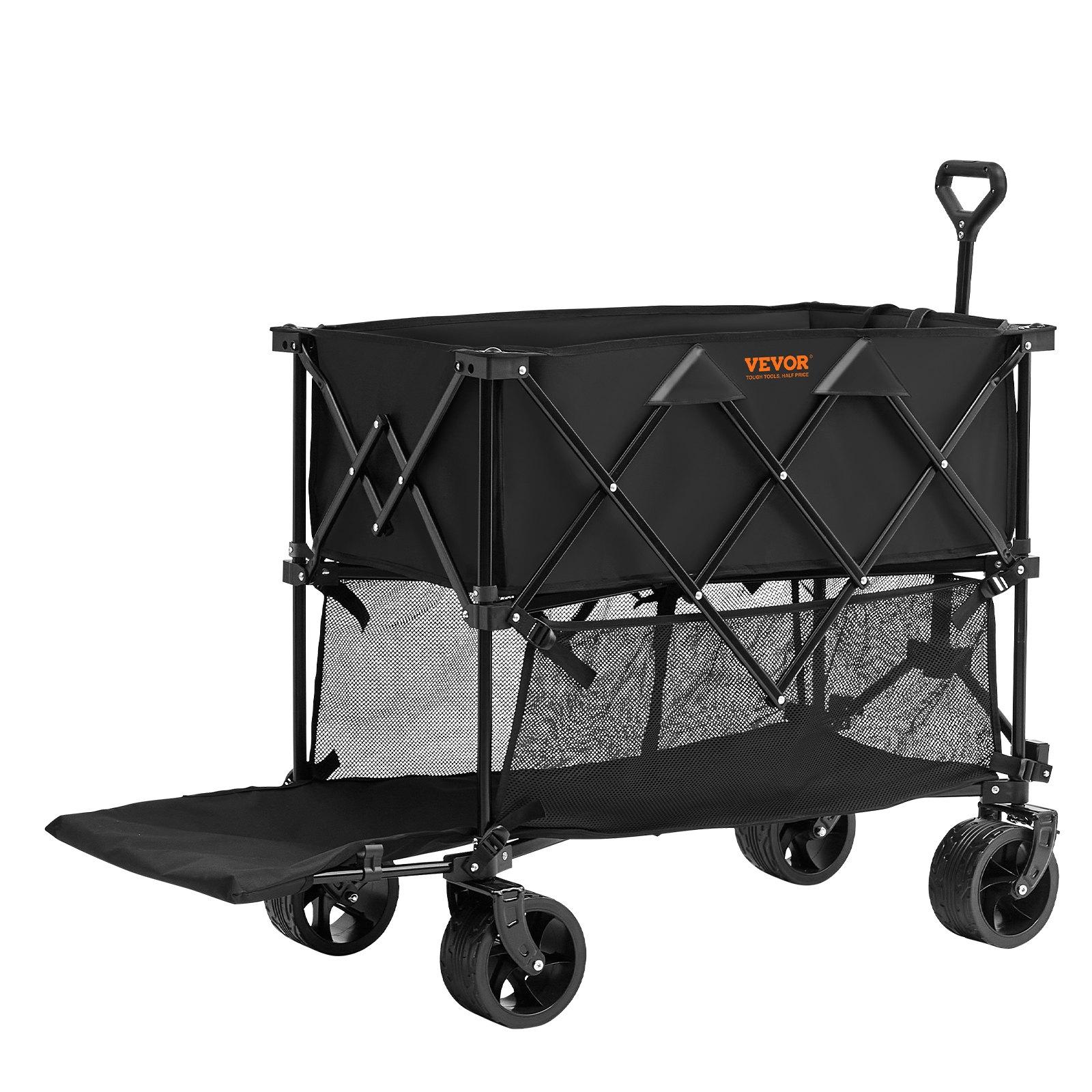 VEVOR Foldable Double Decker Wagon, 400L Collapsible Wagon Cart with All-Terrain Wheels, Heavy Duty Folding Wagon Cart 350-450 lbs Weight Capacity for Camping, Shopping, Garden, 52 Extra Long Extender