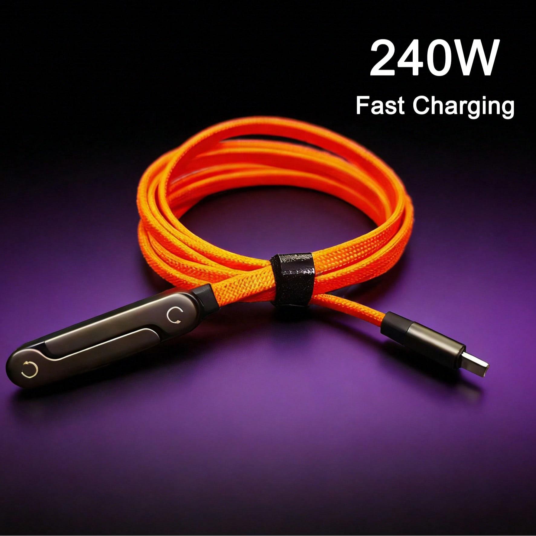 240W (Max) Orange Fast Charging Braided Data Cable, 2026 Latest Orange Stand Data Cable, featuring nylon braided material, supporting fast charging, with integrated phone stand, T-shaped foldable design, USB-C to Type-C interface. Compatible with iPhone 1