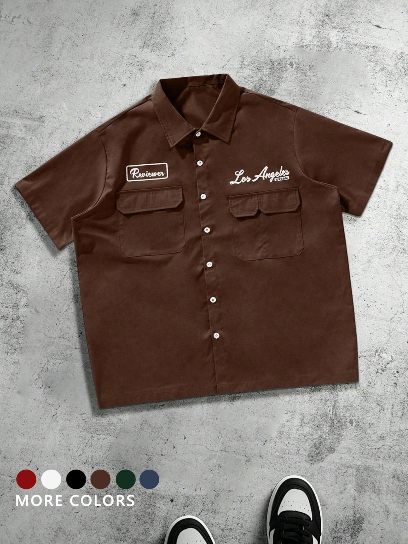 Men's Plus Size Casual Loose Fit Work Shirt, Button Front, Square Short Sleeve, Multiple Pockets, Urban Style, Perfect Gift
