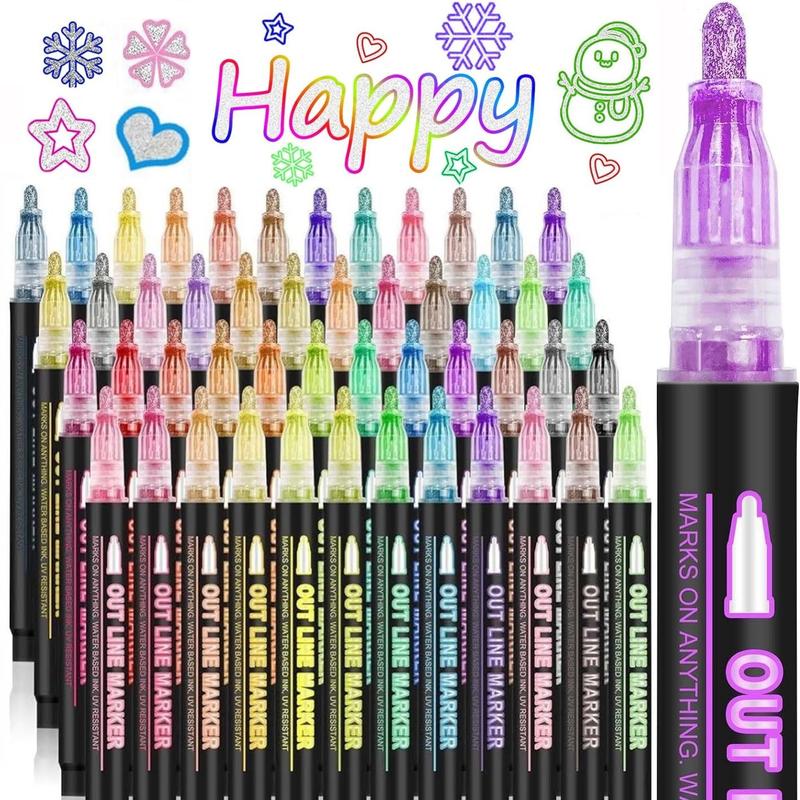 Double Line Outline Metallic Marker Pen Set, Paint Pens Markers, 8/12/24/36/48/60 Colors Double Line Pen, Magic Glitter Drawing for Greeting Cards, Craft, Posters, Painting, DIY Art Crafts